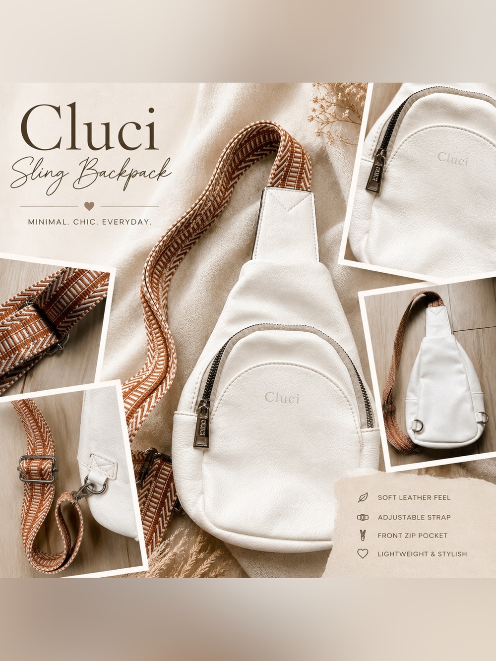 CLUCI White Sling Backpack Crossbody Bag Boho Adjustable Strap Faux Leather